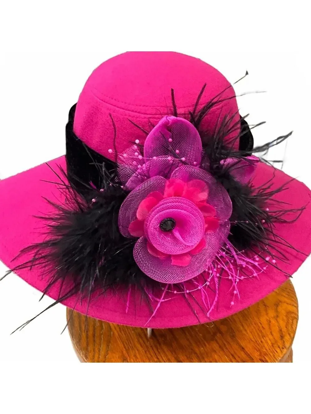 Hot Pink Felt Hat Black Velvet & Feather Embellishment